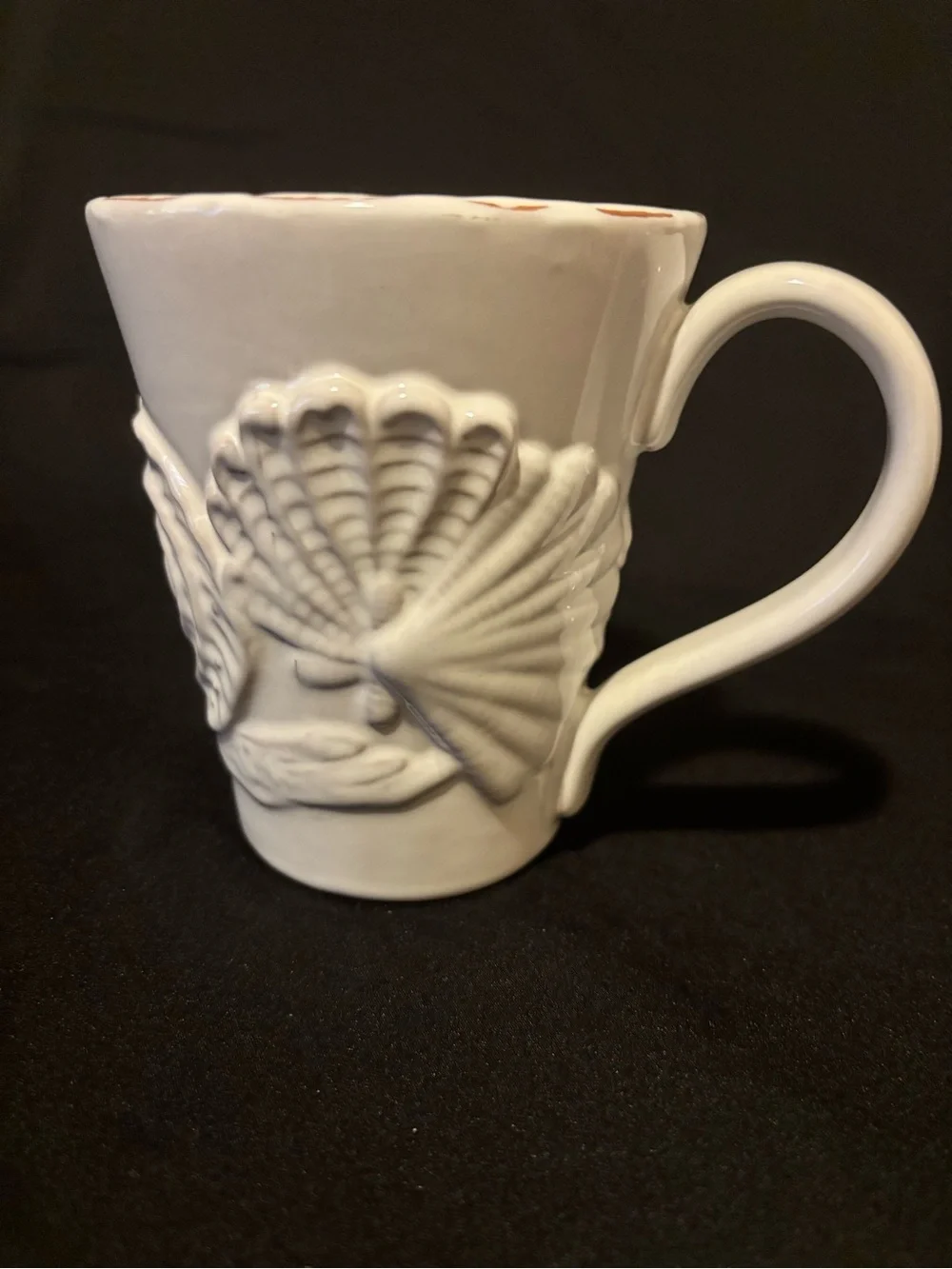 Mud Pie Milk-Glazed Terracotta Embossed Coffee Mug. Seashell and Starfish